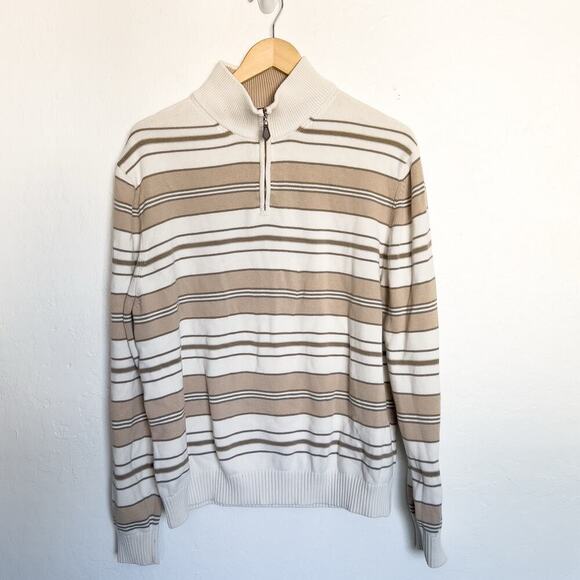 Brooks Brother Sweater Mens XL Quarter Zip Stripe Supima Cotton Beige Ivory - Picture 1 of 9